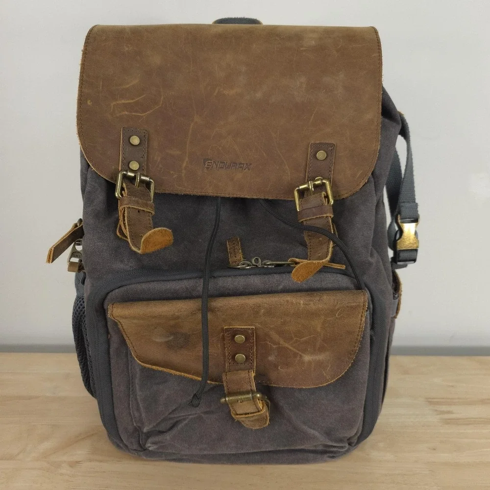Endurax Canvas Camera Backpack Gray Brown Leather Padded DSLR Lens Bag Gear